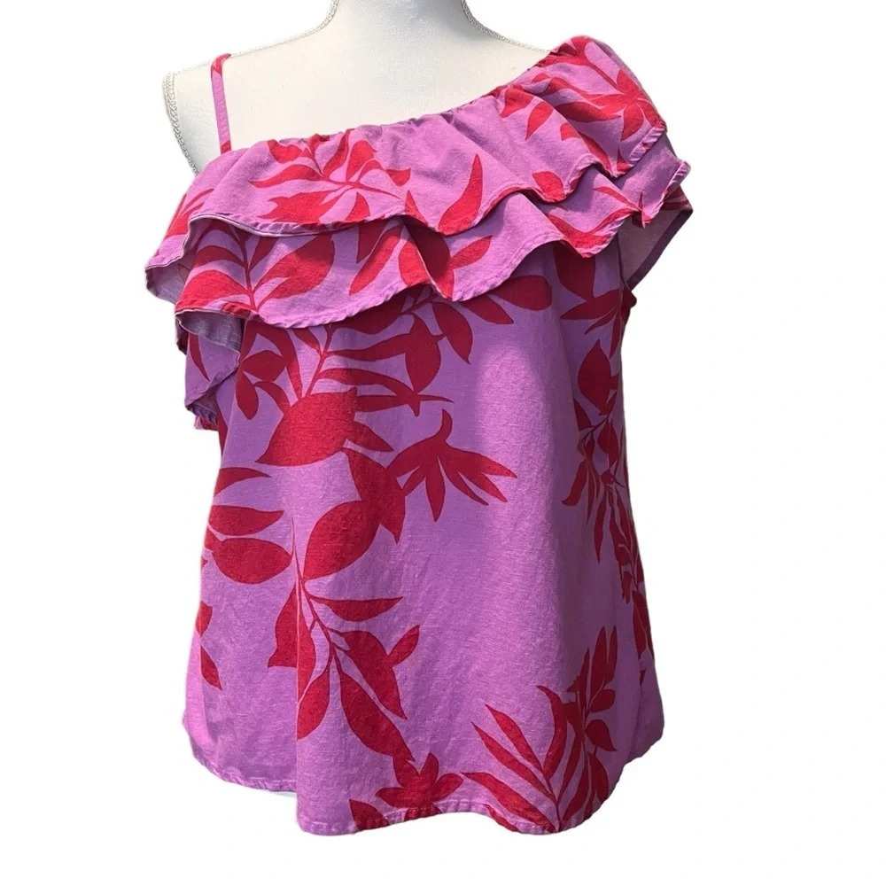 Old Navy Purple & Red Floral Linen Blend Top Size Medium Ruffles Tropical